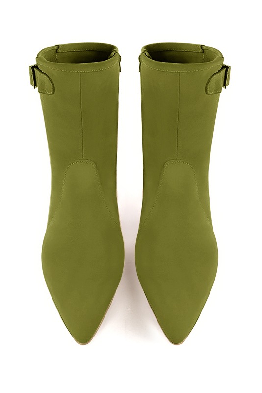 Pistachio green women's ankle boots with a zip on the inside. Tapered toe. Medium cone heels. Top view - Florence KOOIJMAN